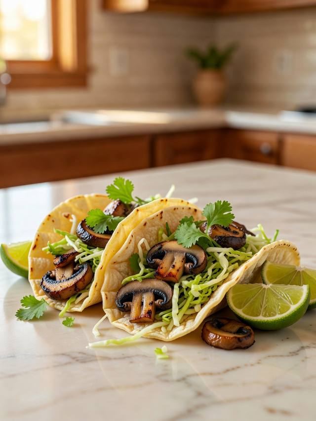 Corn tortillas filled with seared mushrooms, shredded cabbage, cilantro, and lime