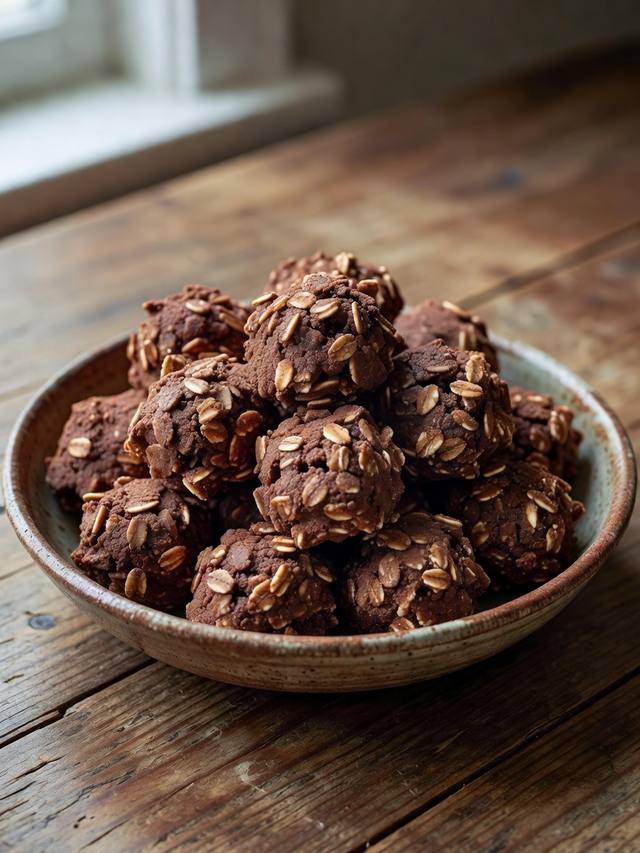 Stack of round no-bake cocoa oat bites