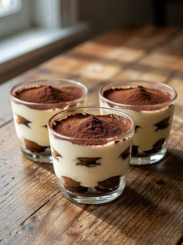 Glass cups of tiramisu topped with cocoa powder and cream swirls