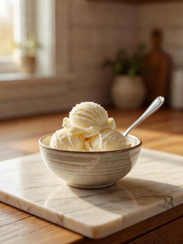 Scoops of pale vanilla ice cream in a bowl with a spoon