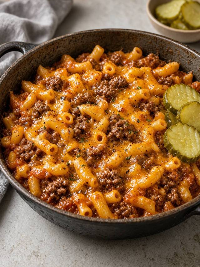 A deep skillet of elbow pasta in a thick tomato-beef sauce covered with melted cheddar, with a small dish of dill pickle chips beside the pan.