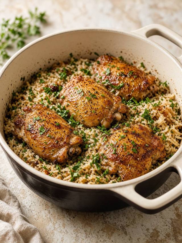 Dutch oven of paprika chicken thighs resting on rice with onion and parsley.