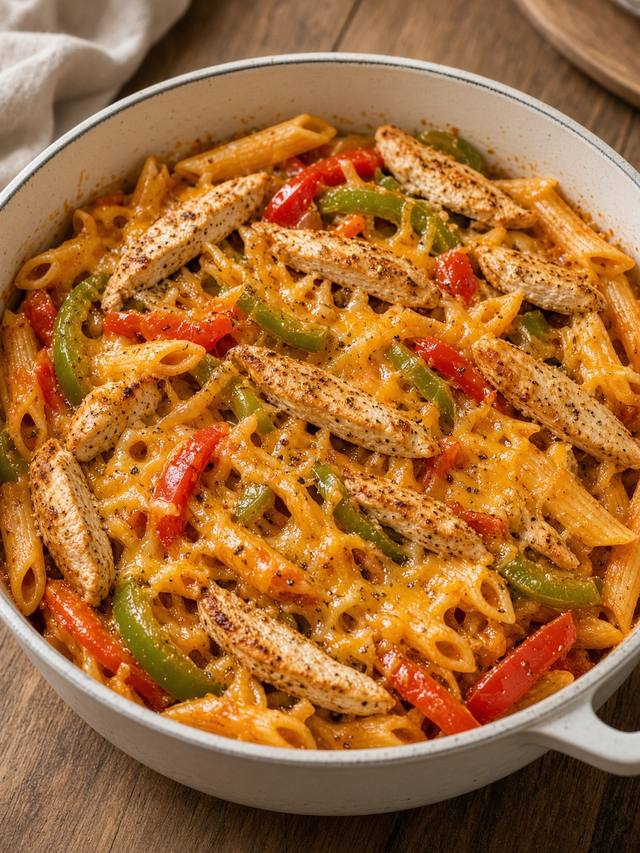 One-pot penne with chicken, peppers, onion, and melted cheddar