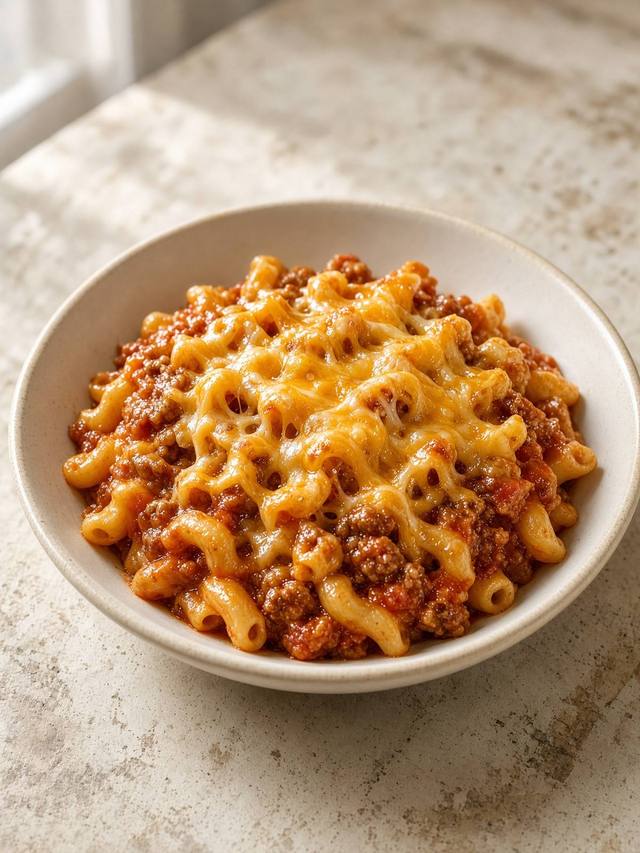 Pot of elbow macaroni in a tomato-chili beef sauce topped with melted cheddar.