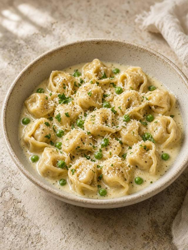 Skillet of cheese tortellini in a creamy sauce with peas and parmesan.