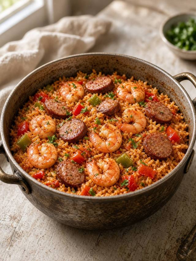 Dutch oven of jambalaya with shrimp, smoked sausage, rice, and bell pepper.
