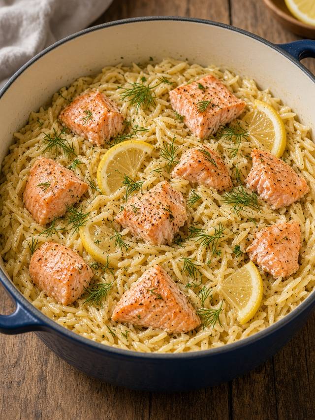 Skillet of lemon orzo with pieces of salmon and dill