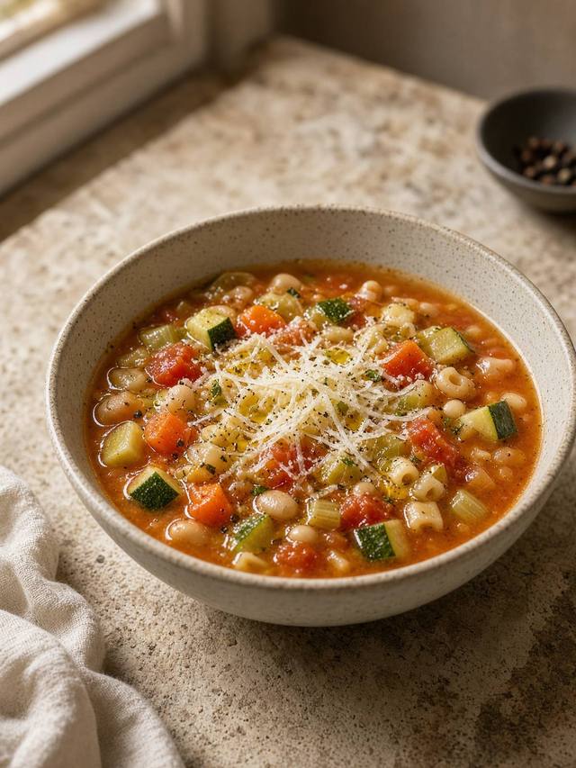 Bowl of minestrone with beans, small pasta, zucchini, carrot, and parmesan.