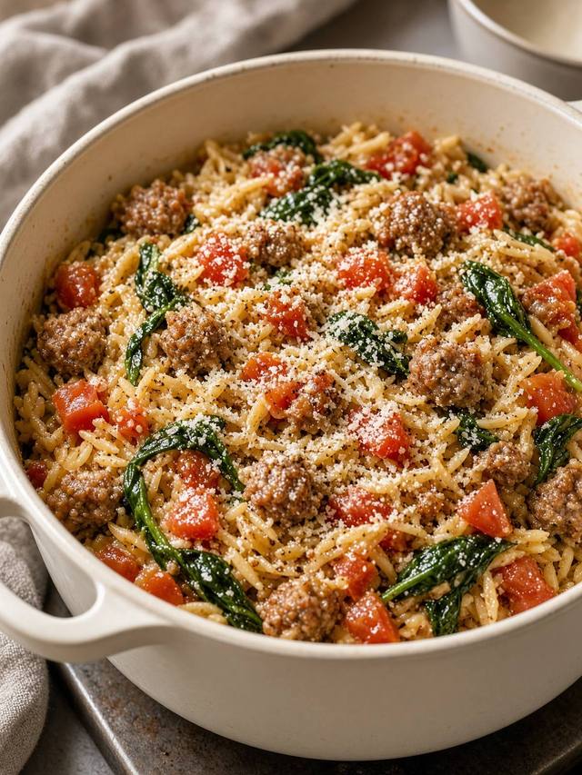 Dutch oven of Italian sausage and orzo with spinach and diced tomato.