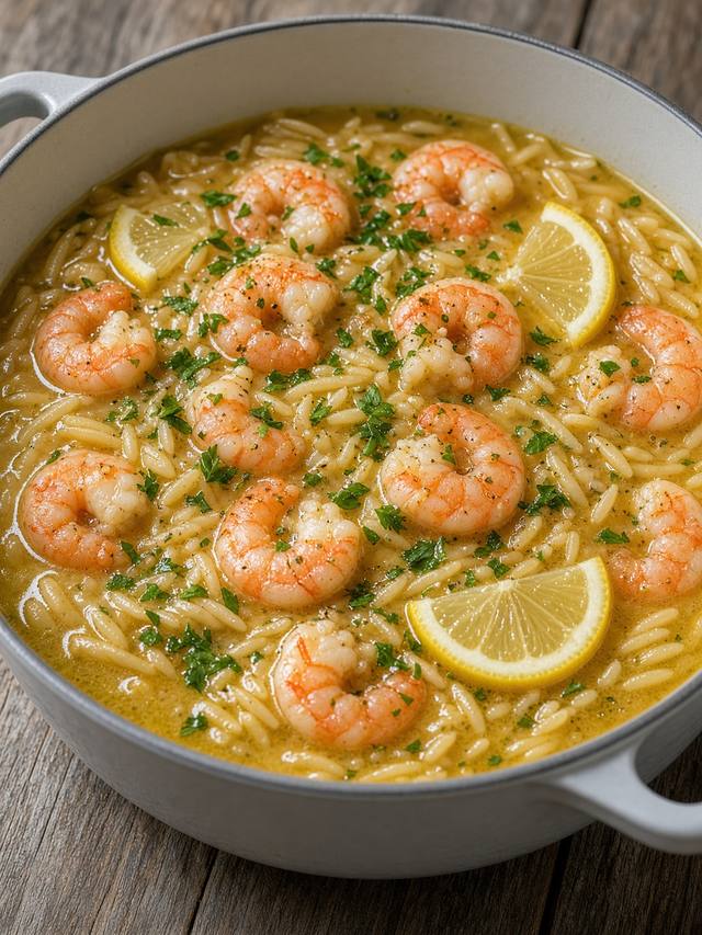 Bowl of shrimp orzo in light tomato broth with spinach