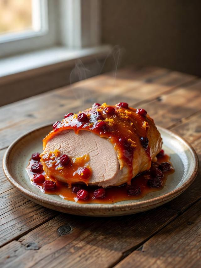 Sliced orange-cranberry glazed turkey breast on a platter with glaze drips