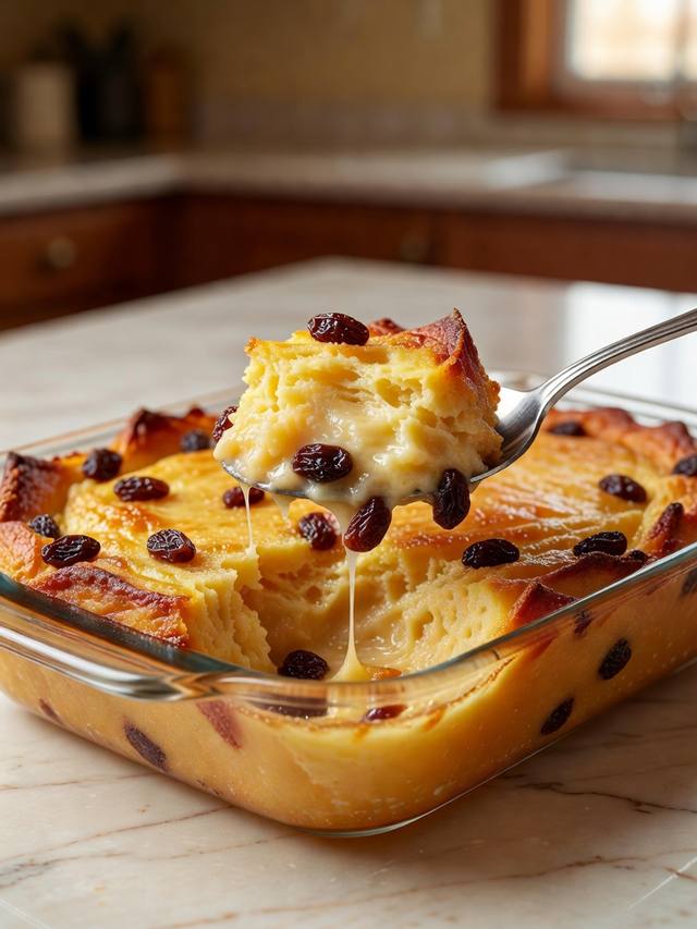 Baking dish of golden bread pudding with raisins, a spoon lifting a set custard-soaked piece