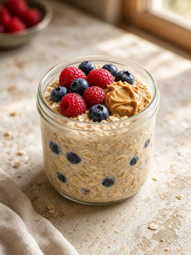 Jars of overnight oats topped with berries and a spoon of peanut butter.
