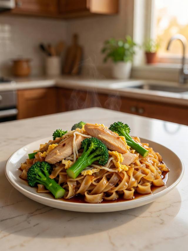 Plate of wide rice noodles with chicken, Chinese broccoli, and egg in dark sauce