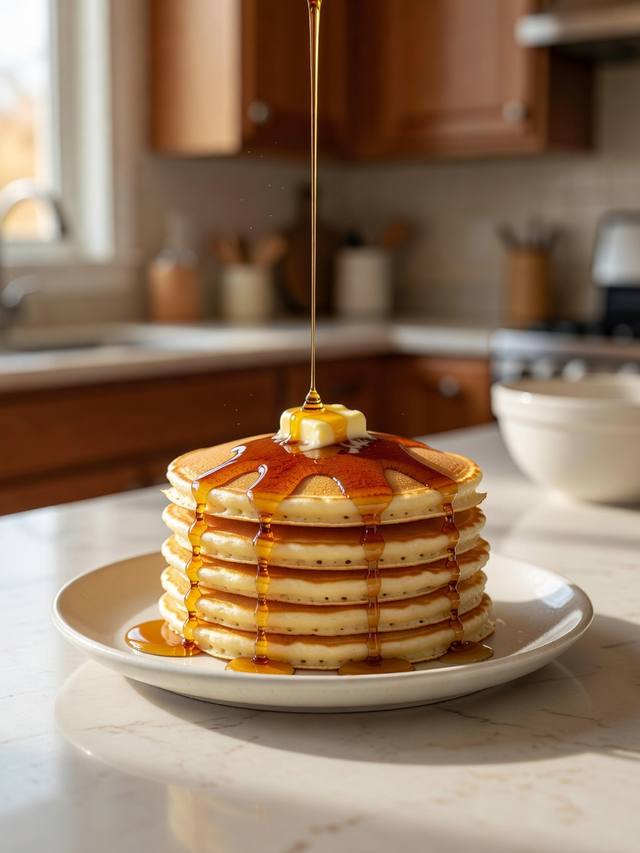 Stack of golden pancakes on a plate with butter and maple syrup
