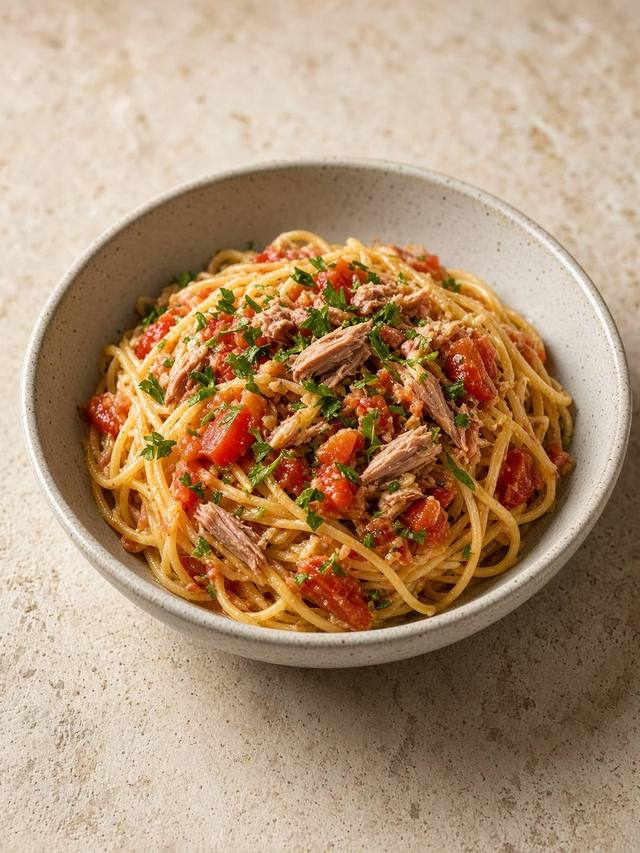 Spaghetti tossed with tuna, tomato, and parsley.