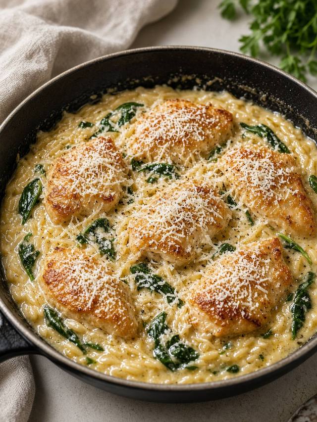 A wide skillet of creamy orzo with browned chicken pieces and wilted spinach, grated parmesan on top, the sauce clinging to the pasta instead of pooling.
