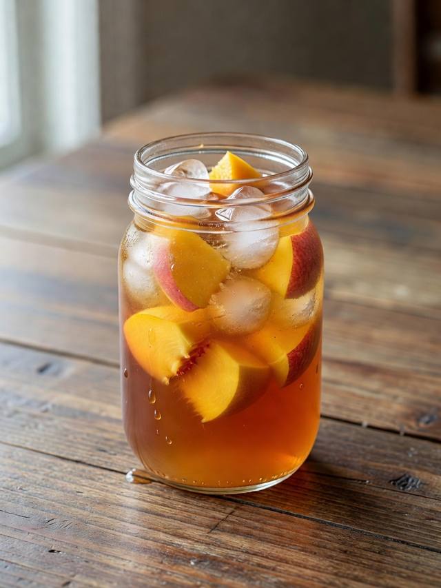 Pitcher of peach honey iced tea with peach slices and ice