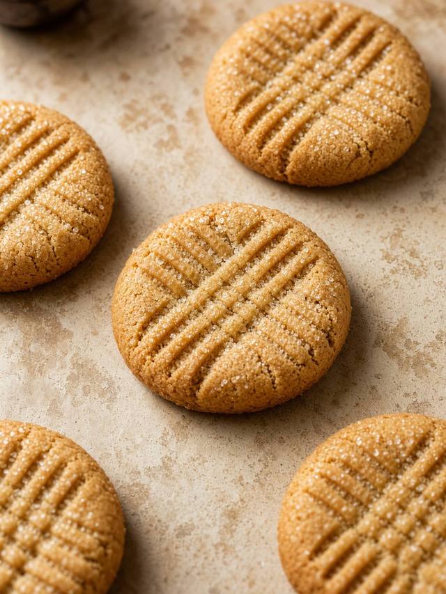 Peanut butter cookies with a fork crisscross pattern on a cooling rack.