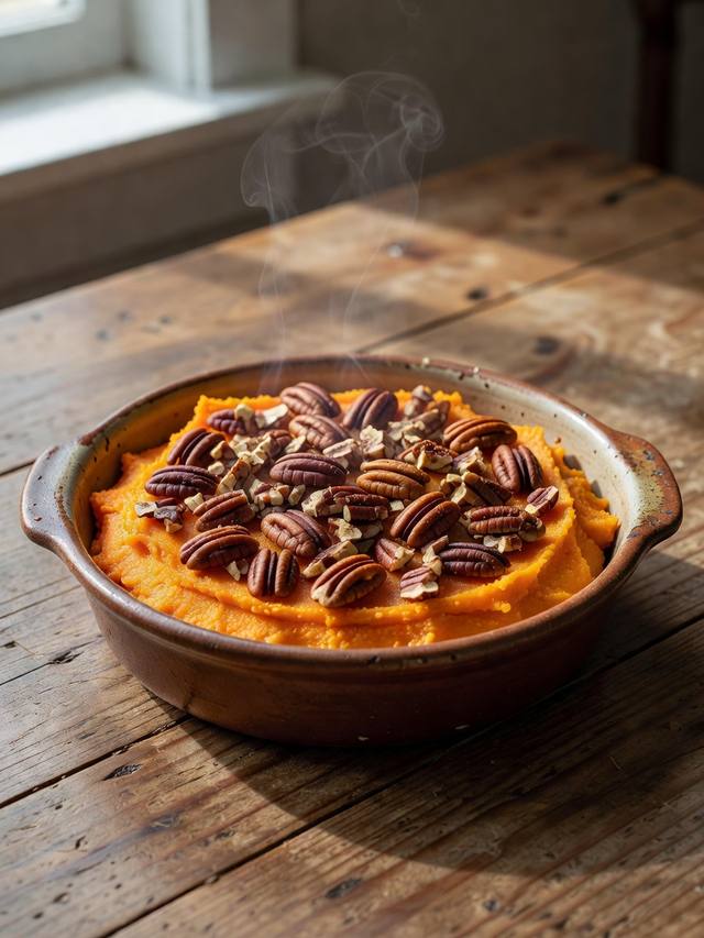 Baking dish of sweet potato mash with toasted pecan topping