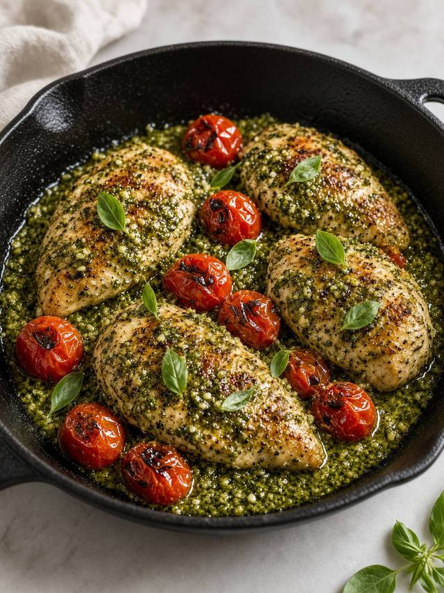 Seared chicken with pesto and cherry tomatoes in a skillet.
