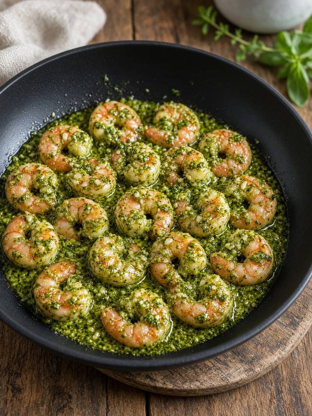 Seared shrimp tossed with pesto and cherry tomatoes
