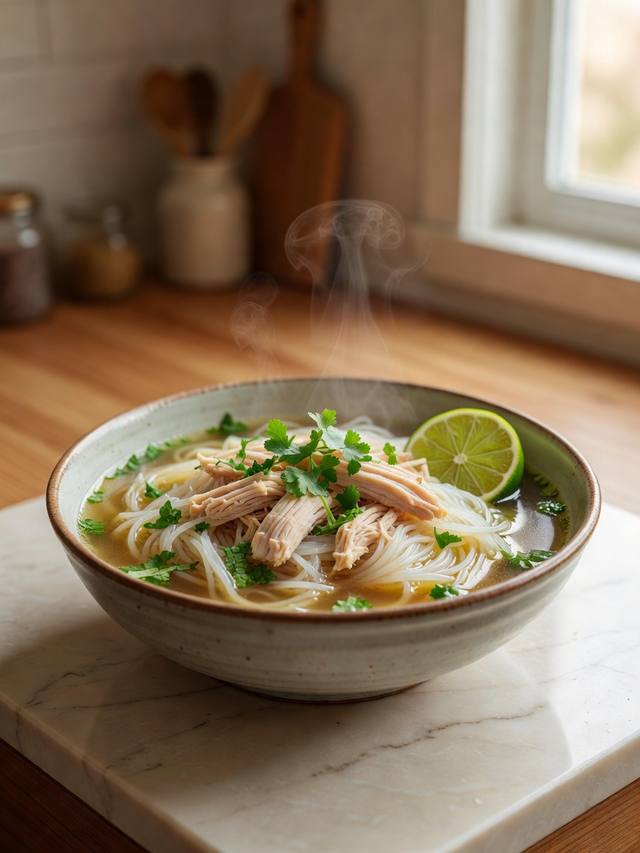 Bowl of rice noodles and chicken in a clear broth with herbs and lime