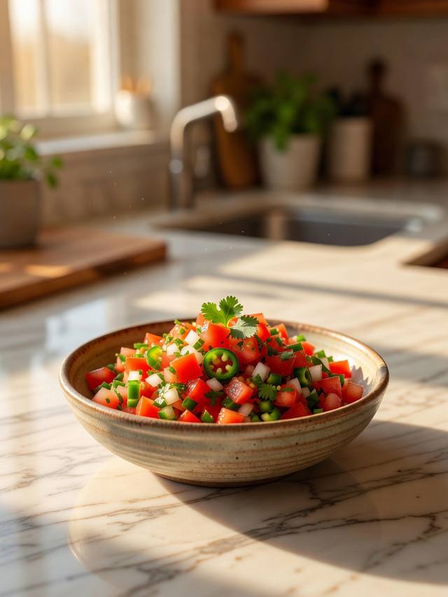 Bowl of pico de gallo with diced tomato, white onion, jalapeño, and cilantro