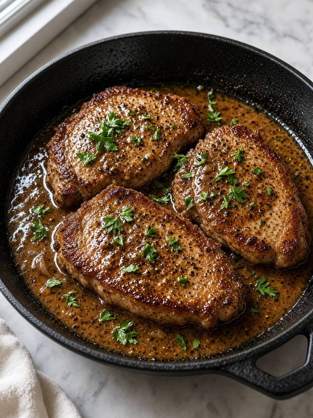 Seared boneless pork chops with brown pan gravy in a skillet.