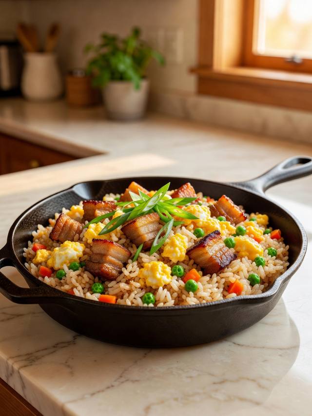 Skillet of pork fried rice with egg, peas, carrots, and scallions