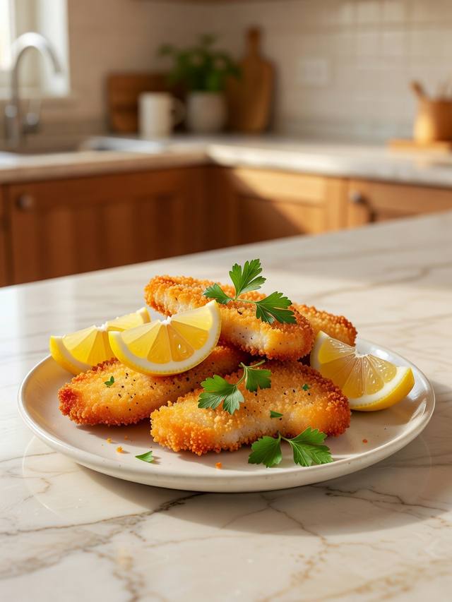 Golden pork schnitzel cutlets on a plate with lemon wedges and parsley