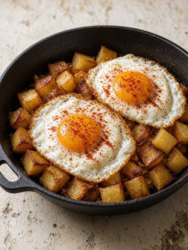 Crispy diced potatoes in a skillet with fried eggs and paprika.