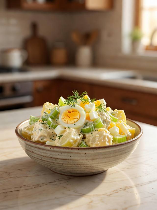 Bowl of creamy potato salad with egg, celery, and a sprinkle of dill