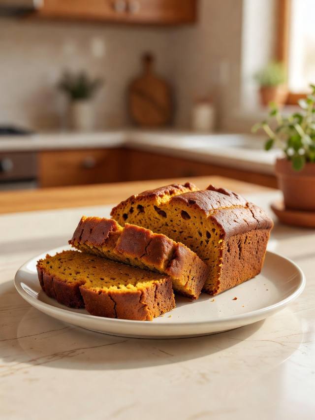Sliced pumpkin bread with a deep orange crumb on a plate