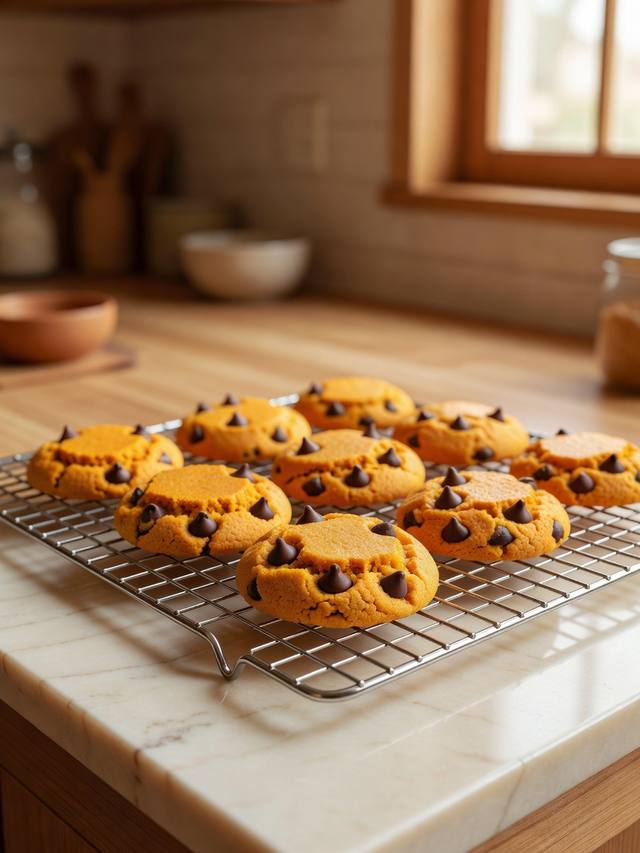 Soft orange pumpkin cookies with chocolate chips cooling on a wire rack