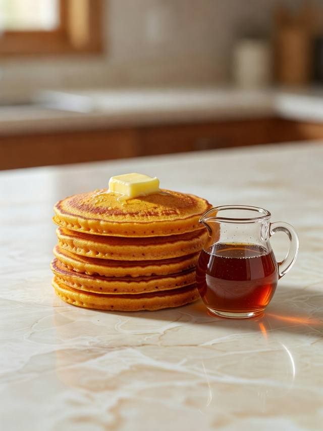 Stack of orange pumpkin pancakes with a pat of butter and amber maple syrup on the side