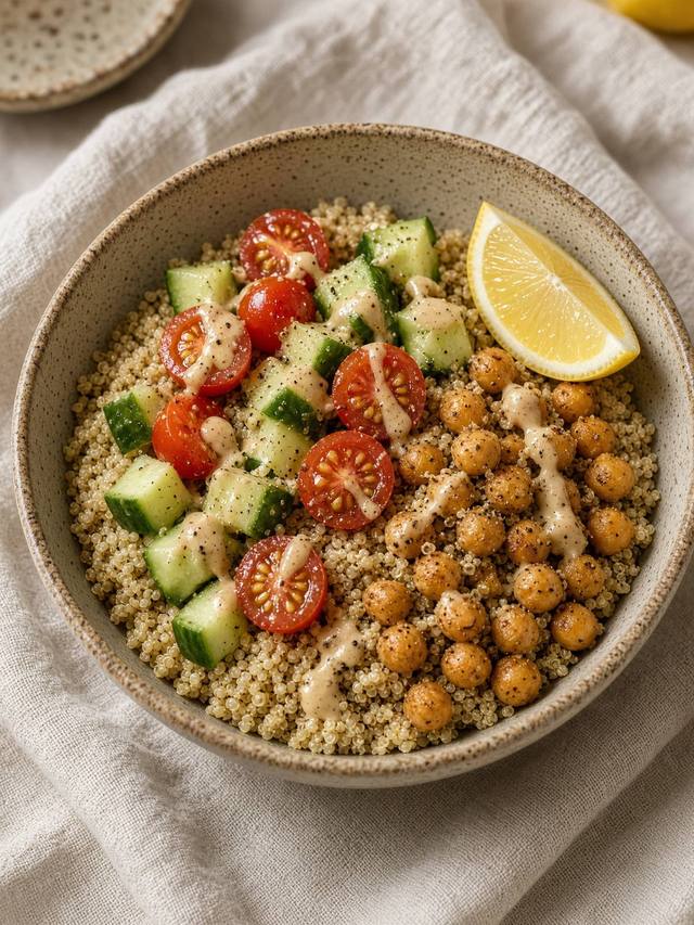 A quinoa bowl with chickpeas, cucumber, and tahini dressing.
