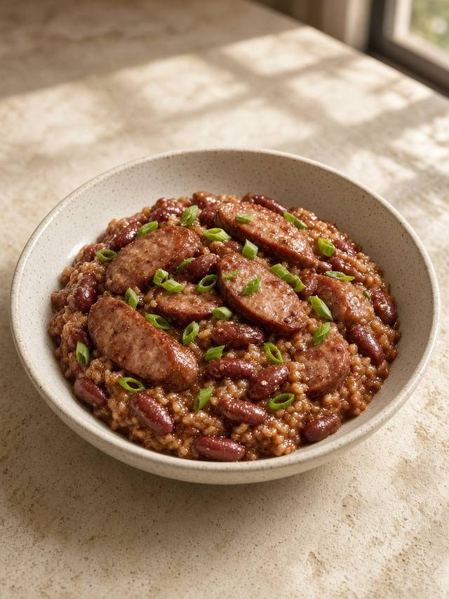 A bowl of red beans and rice with sliced smoked sausage and green onion.
