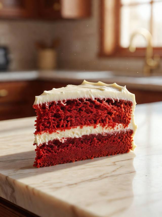 Slice of red velvet layer cake with white cream cheese frosting and a deep red crumb