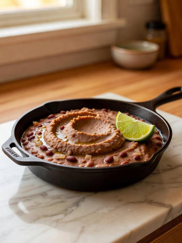 Skillet of thick mashed refried pinto beans with onion and a lime wedge