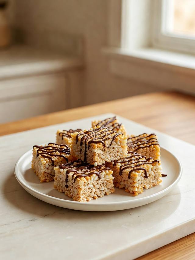 Squares of crisped rice cereal treats with a thin chocolate drizzle on a plate