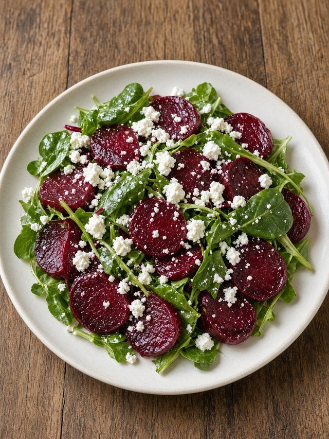Roasted beet salad with crumbled goat cheese and walnuts on greens