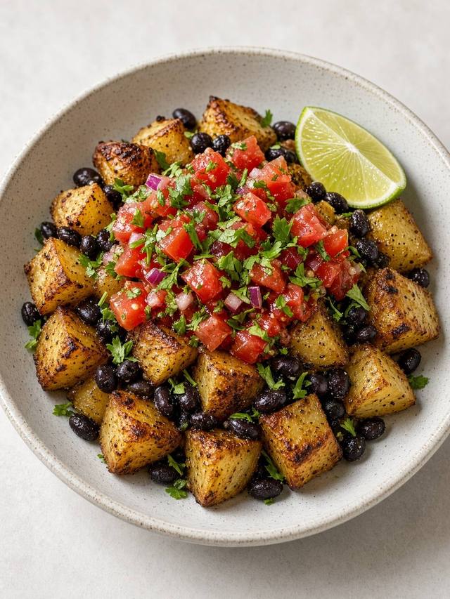 Roasted potato cubes and beans with salsa.