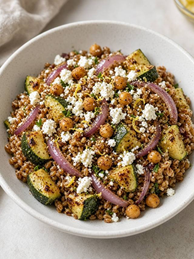 A bowl of farro with roasted zucchini, red onion, chickpeas, and feta.