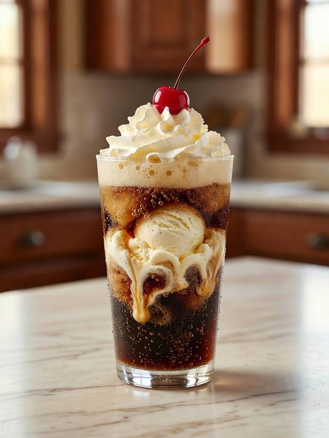 Glass of root beer float with vanilla ice cream, foam, whipped cream, and a cherry