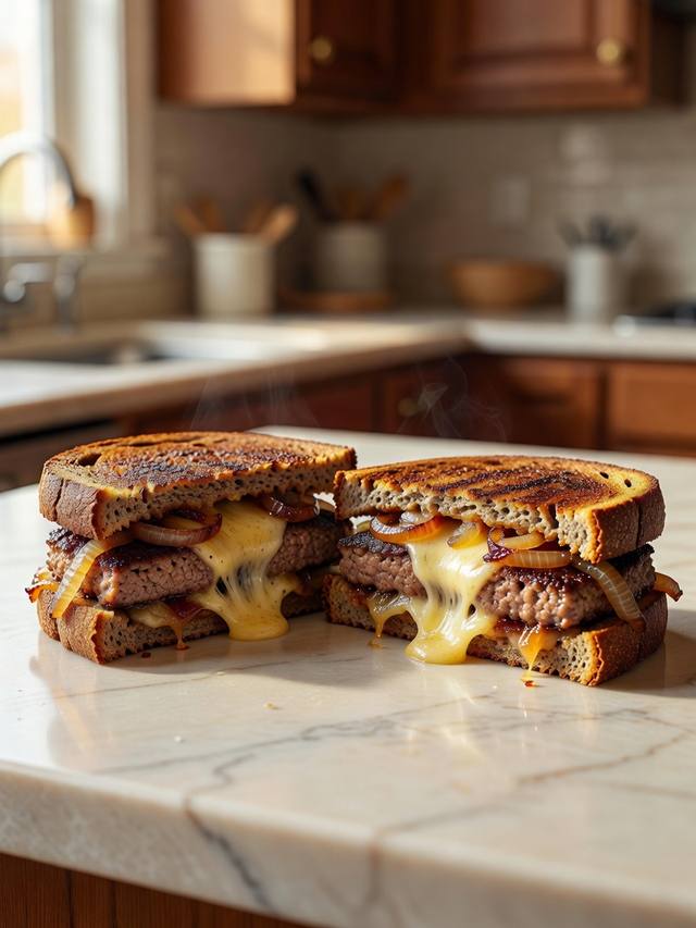 A grilled rye patty melt cut in half with melted Swiss and onions