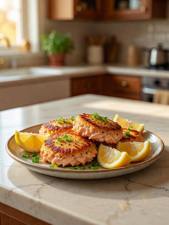 Golden salmon cakes on a plate with lemon wedges and scallions