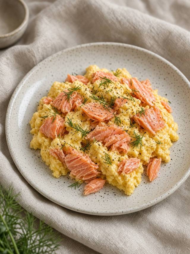Soft yellow eggs folded with pink salmon flakes and green dill.
