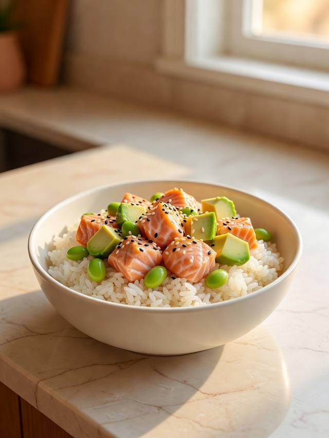 Rice bowl topped with cubed cooked salmon, avocado, edamame, and sesame seeds