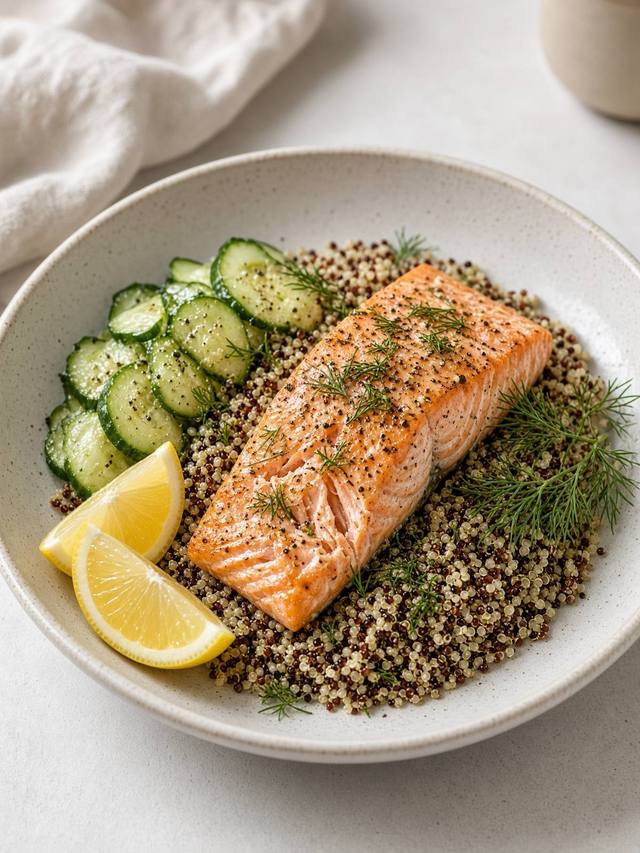 Seared salmon beside quinoa with cucumber, lemon wedges, and dill.